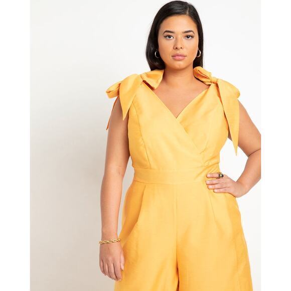 ELOQUII Women's Plus Size Tie Strap Wide‎ Leg Jumpsuit marigold yellow, size 24 - Picture 4 of 16